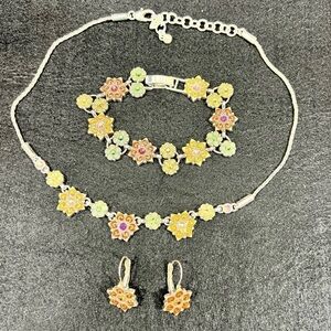 BRIGHTON 3 pc necklace, bracelet, earrings enamels, crystals, floral theme